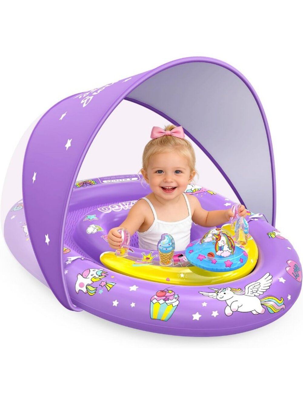 Unicorn Baby Pool Float with Canopy, UPF 50+ Sun Shade, Swim Ring for Girls